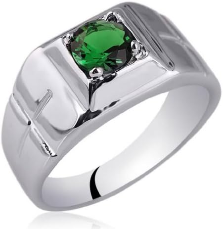 Sterling Silver White Gold Plated Round-Shape Created Green Emerald Ring Father Gift Size 12
