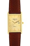 Geneve Italy 14K Solid Gold Watch Mens' Elegant rectangle with date - Dark Maroon Saddle leather band