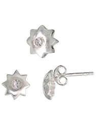 Sterling Silver Matte-finish Star Stud Earrings (7mm) & Pendant Slide (8mm) Set, w/ Brilliant Cut CZ Stones