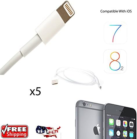 5 PACK Wholesale iPod, iPad, iPhone USB Sync and Charging Cables - Five 8 Pin Works Perfectly for iOS 7 and 8 for iPhone 6, 6 Plus, 5, 5s, 5c, iPad Air, iPad Air 2, and More