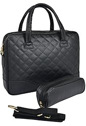 14.1 inch Classic All Black Professional Diamond Quilted Pattern Bubble Foam Padded Laptop Computer Notebook Sleeve Office Tote Briefcase Carry Case Messenger Shoulder Bag