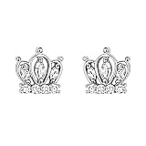 .925 Sterling Silver Rhodium Plated Crown CZ Stud Earrings with Screw-back for Children & Women