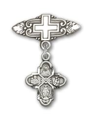 Sterling Silver Baby Badge with 4-Way Charm and Badge Pin with Cross