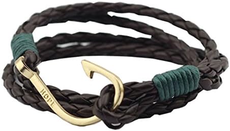 UNIONTOP Mens Womens PU Leather Bracelet Fishing Hook Hope Bracelet Personality Brown Green