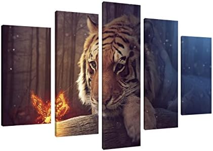 PrettyArt 5 Panels Modern Giclee Canvas Prints Tiger With Fire Butterfly Abstract Wall Art Tiger Head Decor Animal Pictures Paintings on Canvas Stretched and Framed Ready to Hang for Home Decor