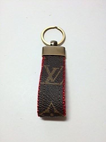 Designer Recycled Initial Monogram Canvas Key Chain with Red Heavy Duty Nylon Webbing and Sturdy Brushed Gold Tone Hardware