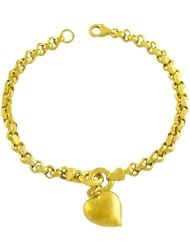 18 Karat Yellow Gold over Silver Puffed Heart Charm Rolo Bracelet (7.5 Inch)
