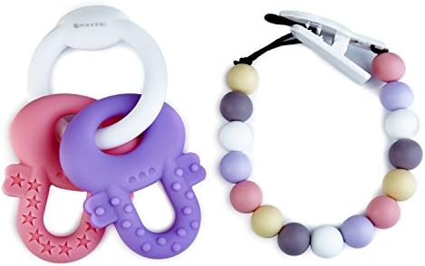 Baby Teething Ring Keys Toy with Pacifier Clip, Soothing Food Grade Silicone