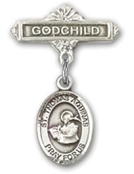 Sterling Silver Baby Badge with St. Thomas Aquinas Charm and Godchild Badge Pin