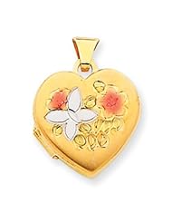 14k Gold & Rhodium Enameled Butterfly & Flowers 15mm Heart Locket