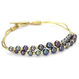 Gold Silk Peacock Freshwater Pearl Double Strand Bracelet by 