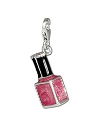 SilberDream Charm pink enameled nailpolish flask, 925 Sterling Silver Charms Pendant with Lobster Clasp for Charms Bracelet, Necklace or Earring FC652