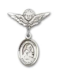 Sterling Silver Baby Badge with St. Isidore of Seville Charm and Angel with Wings Badge Pin
