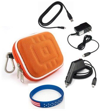 Garmin Nuvi 260 Accessory Bundle - Premium Nylon/ EVA Carrying Case (Orange) + Car Charger + Home Travel AC Charger + USB Data Cable + Free Stars Stripes Silicone Wristband