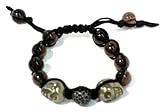 Shamballa Bracelet with Two Pyrite Skulls and One 12mm Gunmetal Yet Crystal Pave on 10mm Genuine Smooth Smokey Quartz All Black Macrame Adjustable Handmade Unisex