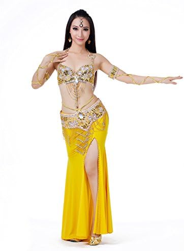 Golden Exotic Belly Dance Performance Costume 34C Bra+Belt+Skirt+Bracelet