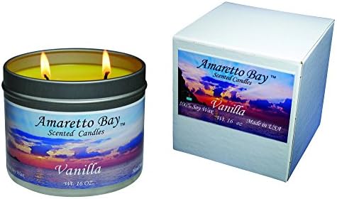 Scented Candles by Amaretto Bay - Vanilla - 16 oz Soy Candle Travel Tin - 2 Wicks - 50 + Hrs Burn Time