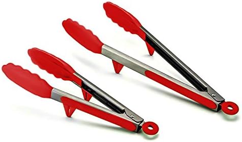 SimplexSilicone 2 Pack Premium Non-Stick Silicone Tongs with Elevated Stand - Stainless Steel with Silicone Heat Resistant Barbecue (BBQ) Tongs - Meat - Salad - 12" and 9" Tongs Set (Apple Red)