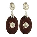 Sterling Silver Wood Resin Cz Oval Drop Earring - Brown