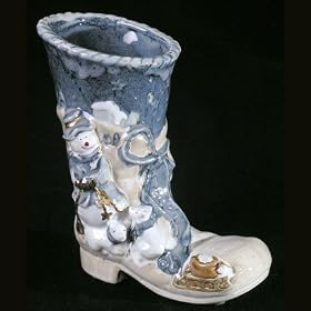 Ceramic Blue Glaze Snowman & Boot