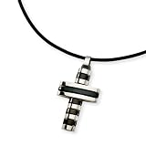 Mens Stainless Steel and Black Striped Cross Necklace