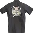 Lucky 13 Bike Cross Biker Mens Button Front Work Shirt, Biker Club Shirt with Custom Motorcycle and Iron Cross Design, Wicked Cool.
