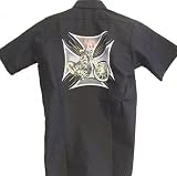 Lucky 13 Bike Cross Biker Mens Button Front Work Shirt, Biker Club Shirt with Custom Motorcycle and Iron Cross Design, Wicked Cool.