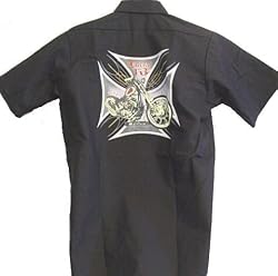 Lucky 13 Bike Cross Biker Mens Button Front Work Shirt, Biker Club Shirt with Custom Motorcycle and Iron Cross Design, Wicked Cool.