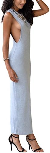 Xmenhere Women's Sexy Knitted Crewneck Sleeveless Slit Maxi Nightclub Dress Gray One Size