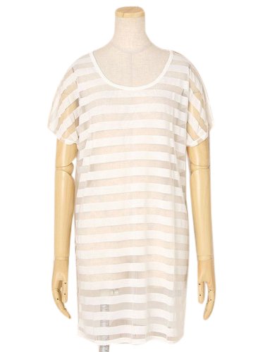 【ノーブランド品】 オーバルネック ボーダー柄 オパール加工 半袖 チュニック ワンピース ホワイト