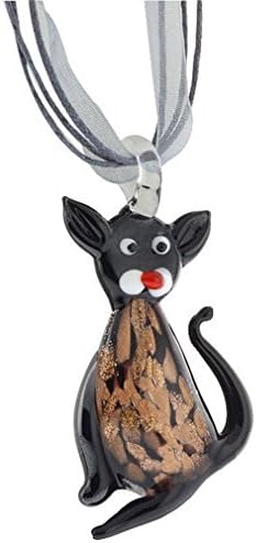 Crystalbella Beautiful 2-3/4" Black And Golden Cat Murano Style Pendant With Cord Jewelry