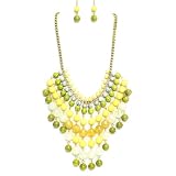 Beaded Statement Necklace Set; 18"L; Gold Metal; Beige, Yellow, And Green Beads; Lobster Clasp Closure; Matching Earrings Included;