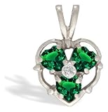 14K White Gold Heart Created Emerald and Diamond Pendant