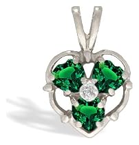 14K White Gold Heart Created Emerald and Diamond Pendant
