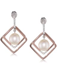 Rose Gold Plated Sterling Silver 8 - 8.5mm (0.1 cttw, G-H Color, I2-I3 Clarity) Freshwater Cultured Pearl and Diamond Earpin Earrings, 18"
