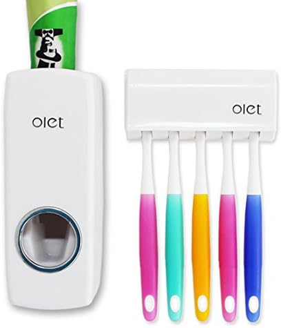 Hands Free Toothbrush Holder with Toothpaste Dispenser Kids Automatic Toothpaste Squeezer Shower Bathroom Wall Dustproof Set for 5 Brushes (White)