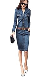 Material: Cotton /Denim /Polyester 
Dress Length: Knee Length  
Dress Silhouette: Shirtdress  
Shoulder: Long Sleeves  
Neckline: V-Neck  
Embellishments: Belted  Pocket(s)  
Size Category: Adult 

