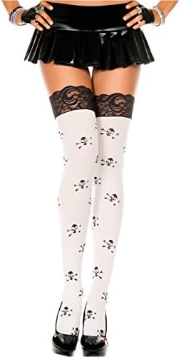 Black Lace Top Skull Print White Thigh Hi, One Size