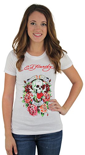 Ed Hardy Love Dies Hard Womens Skull Rose Tattoo White Size S