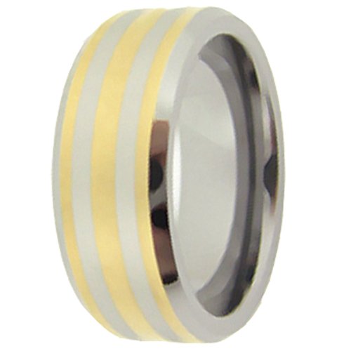 Tungsten Carbide Men's Ladies Unisex Ring Wedding Band 8MM Beveled Edges-Shiny Center-Gold Plated, Brushed 2 Laser Engraved Lines (Available in Sizes 5 to 15)