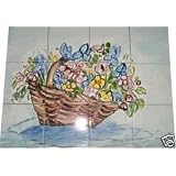 Basket of Beautiful Flowers Ceramic Wall Mural 12 Ceramic Tiles