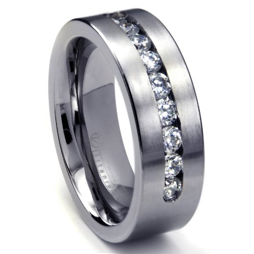 8 MM Men's Titanium ring wedding band with 9 large Channel Set CZ