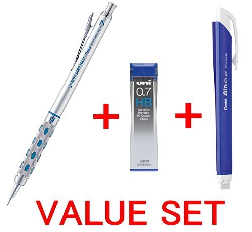Pentel Graph Gear 1000 Automatic Drafting Pencil, 0.7mm Lead Size, Brushed Metal Barrel/PG 1017/ + Pentel Ain Clic Retractable Pen-type Triangle Eraser + Strength & Deep & Smooth Uni 0.7mm HB Top quality Diamond Infused Leads [Nano Dia-40 Leads] for