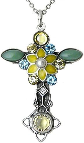 Le Jardin Collection Cross Pendant Necklace: Pewter, Swarovski Crystal, Enamel, and Variscite Stone