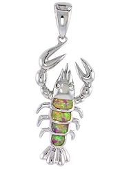 Sterling Silver Lobster Pendant, Pink Synthetic Opal Inlay w/ CZ stones, 1 3/8 inch tall,