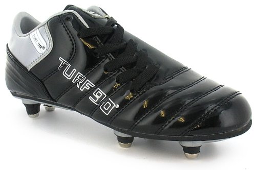 Turf 90 “Turf 90 Iii” Boys Side Lace Soft Ground Screw In Stud Football Boots – Black/Silver – 1 UK