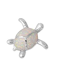 White Lab Opal Sea Turtle Pendant and Necklace in Sterling Silver