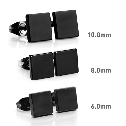 Men's 6~10mm Stainless Steel Studs Earrings Black Square Classic