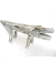 Lawn & Patio: Hand Carved Florida Gator Alligator Crocodile Wood Bench Chair White Statue HUGE - WorldBazzar