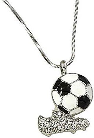 Black and White Soccer Ball Rhinestones Cleat Shoe Pendant Silvertone Necklace, 17